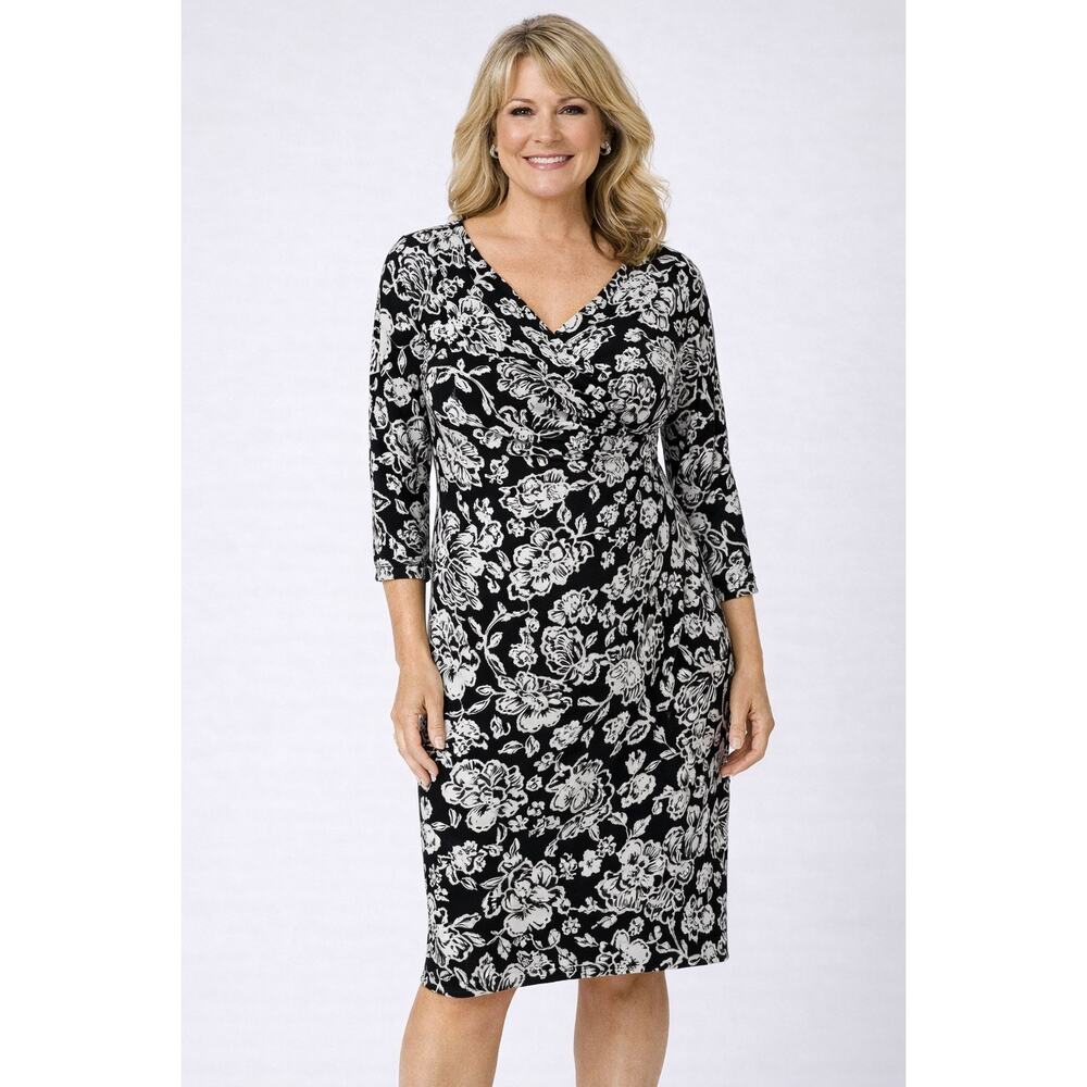 Lauren Ralph Lauren Black White Floral Faux Wrap‎ Dress Career Work Womens 12